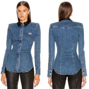 Alexander Wang Denim Button Long Sleeve Shirt with Leather Collar in Deep Blue